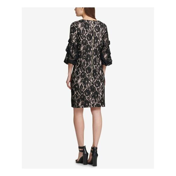 DKNY Black Sheath Embroidered Lace Cocktail Wedding Bell Sleeves Dress Size 4 - Picture 2 of 6